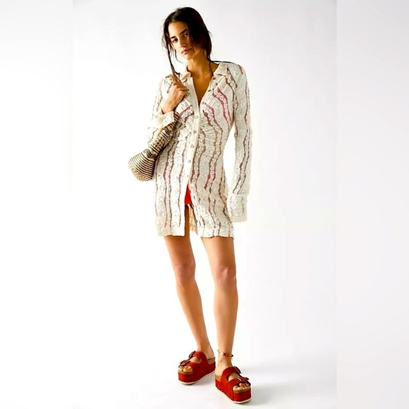 Free People Shayla Lace Mini Dress Cream Long Sleeve Button Up - Picture 1 of 9